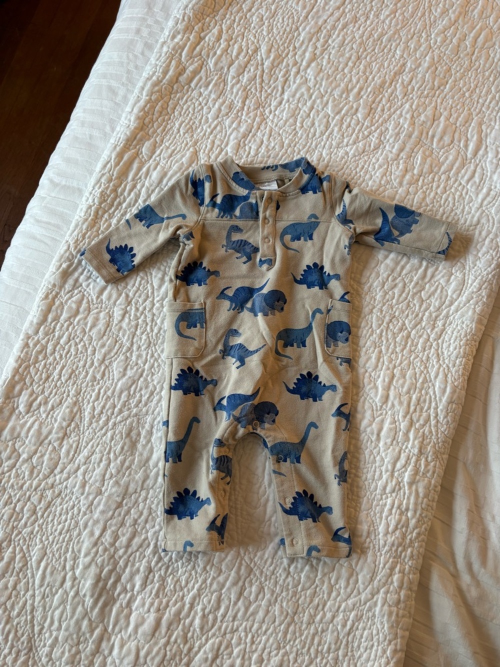 Angel Dear Beige One-Piece Footie with Blue Dinosaur Print